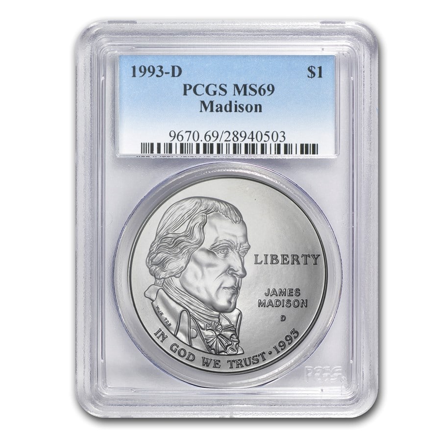 1993-D Bill of Rights-Madison $1 Silver: 1993-D Bill of Rights-Madison $1 Silver Commem MS-69 PCGS SKU no: RBJ22120 Year: 1993 Grade: MS-69 Grade Service: PCGS Denomination: 1 Dollar Mint Mark: D - Denver Metal Content: 0.7734 t