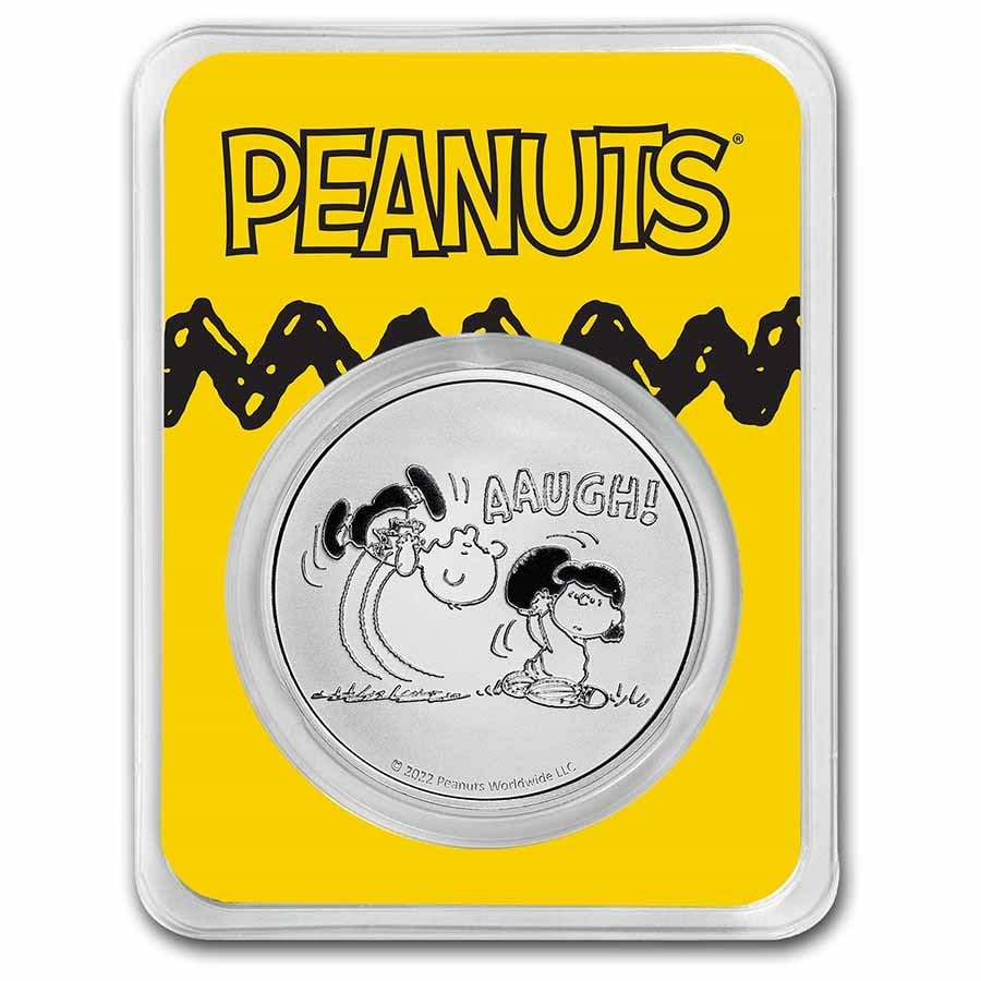 Peanuts Lucy Pulls the Football 1: Peanuts Lucy Pulls the Football 1 oz Silver in TEP SKU no: RBJ254279 Year: N/A Grade: None Grade Service: None Mint Mark: N/A - Not Available Metal Content: 1 troy oz Purity: .999