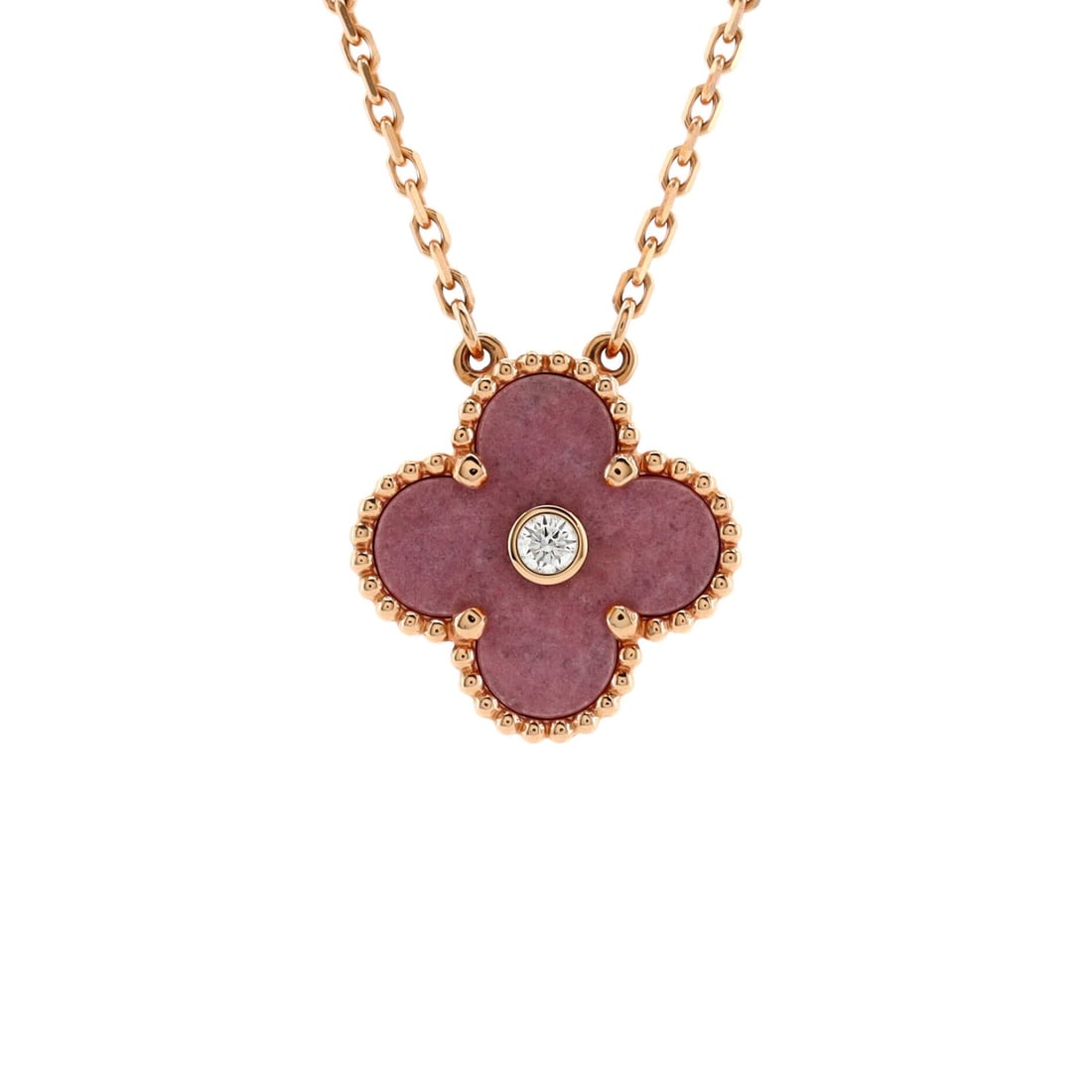 Van Cleef & Arpels Vintage: Van Cleef & Arpels Vintage Alhambra Pendant Necklace 18K Rose Gold and Rhodonite with Diamond Metal Type: 18K Rose Gold Metal Finish: High Polish Hallmarks Type: 750, Designer Signature, French Eagle?