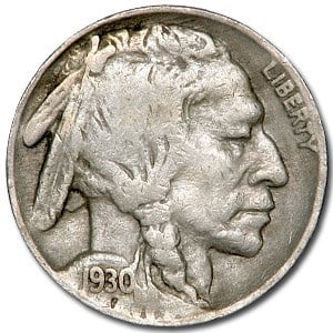 1930 Buffalo Nickel Good+: 1930 Buffalo Nickel Good+ SKU no: RBJ7967 Year: 1930 Grade: Good Grade Service: None Denomination: $0.05 Mint Mark: P - Philadelphia (Not Shown) Metal Content: 0 troy oz Purity: