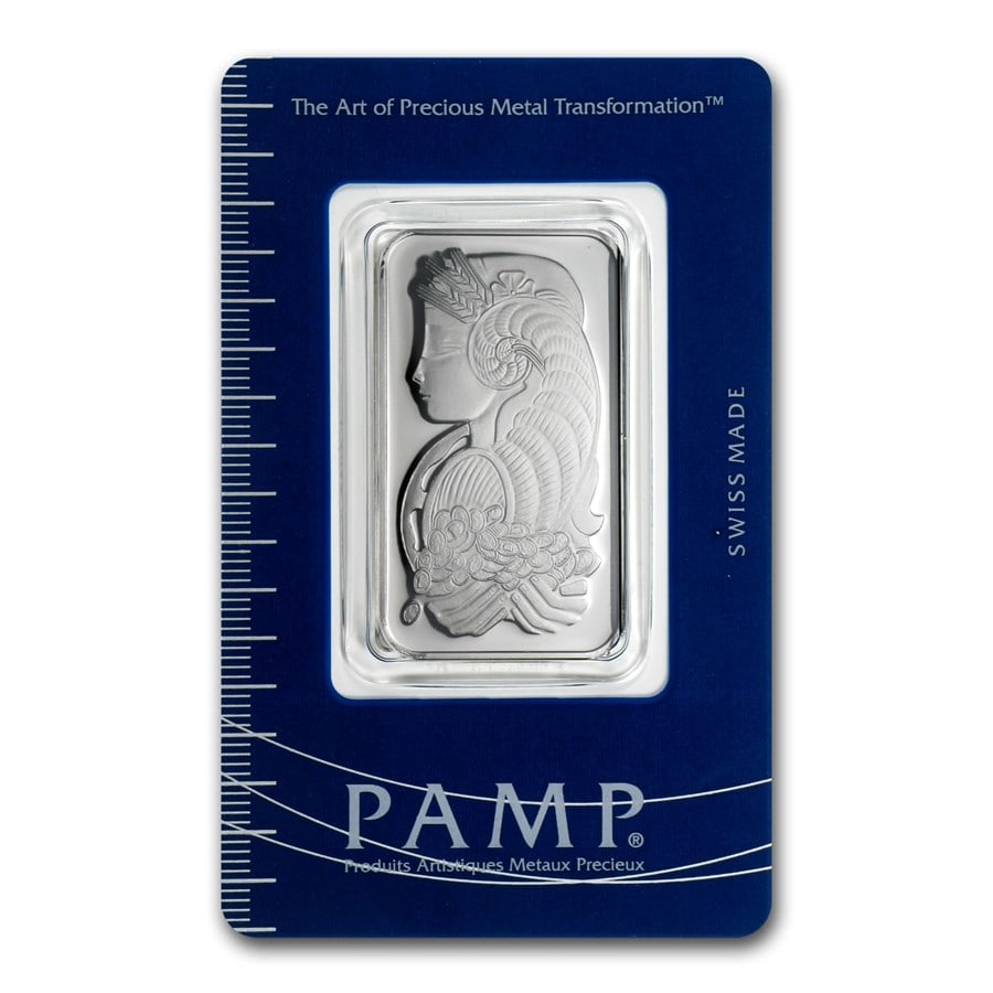 1 oz Platinum Bar - PAMP: 1 oz Platinum Bar - PAMP Suisse Lady Fortuna (In Assay) SKU no: RBJ46995 Grade: None Grade Service: Assay Card Mint Mark: None Metal Content: 1 troy oz Purity: .9995 Thickness: 2.3 mm