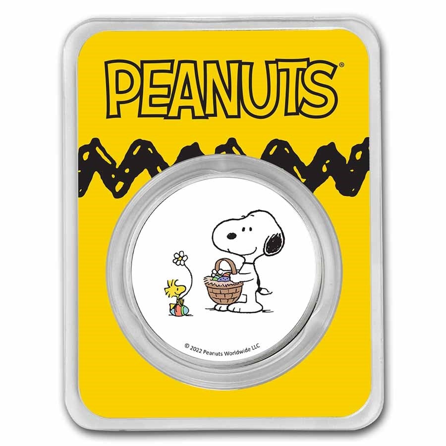 Peanuts Snoopy & Woodstock Easter Gifts: Peanuts Snoopy & Woodstock Easter Gifts 1 oz Colorized Silver SKU no: RBJ247430 Year: N/A Grade: None Grade Service: None Mint Mark: N/A - Not Available Metal Content: 1 troy oz Purity: .
