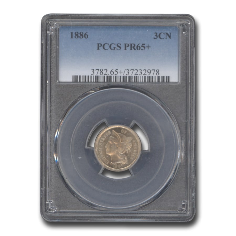 1886 Three Cent Nickel PR-65+ PCGS: 1886 Three Cent Nickel PR-65+ PCGS SKU no: RBJ288683 Year: 1886 Grade Service: PCGS Denomination: 3 Cents Metal Content: 0 troy oz Purity: None Diameter: 17.9 mm