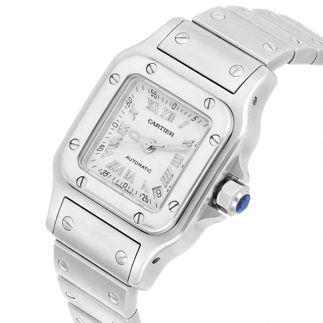 Cartier Santos Galbee Silver Dial: Cartier Santos Galbee Silver Dial Brand: Cartier Design: Santos Automatic Watch Santos Watch Collection Case Material: Stainless Steel Strap Material: Stainless Steel Case Shape: Square Movement: