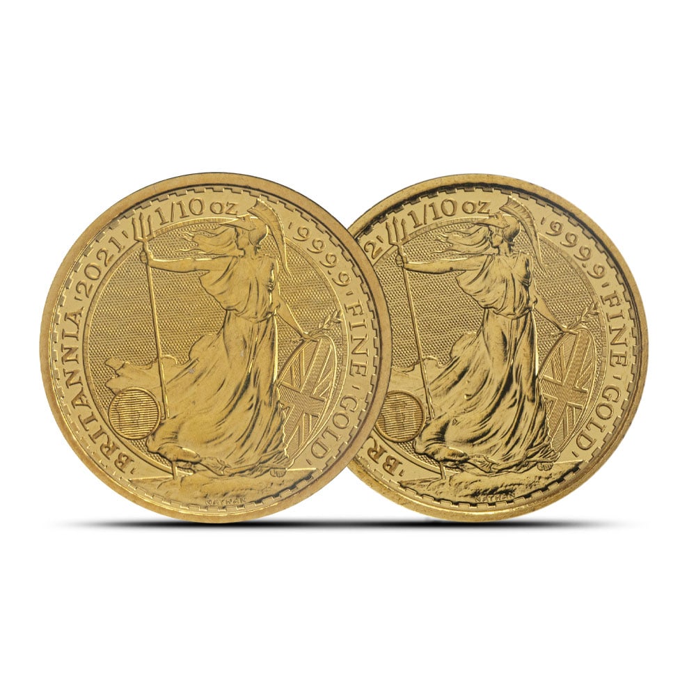 1/10 oz British Gold Britannia: 1/10 oz British Gold Britannia Coin (Random Year) JMB ID: 2079804 Year: Random Mint Mark: Not Shown Purity: .999+ Manufacturer: Royal Mint Thickness: 1.8 mm Diameter: 16.5 mm Den