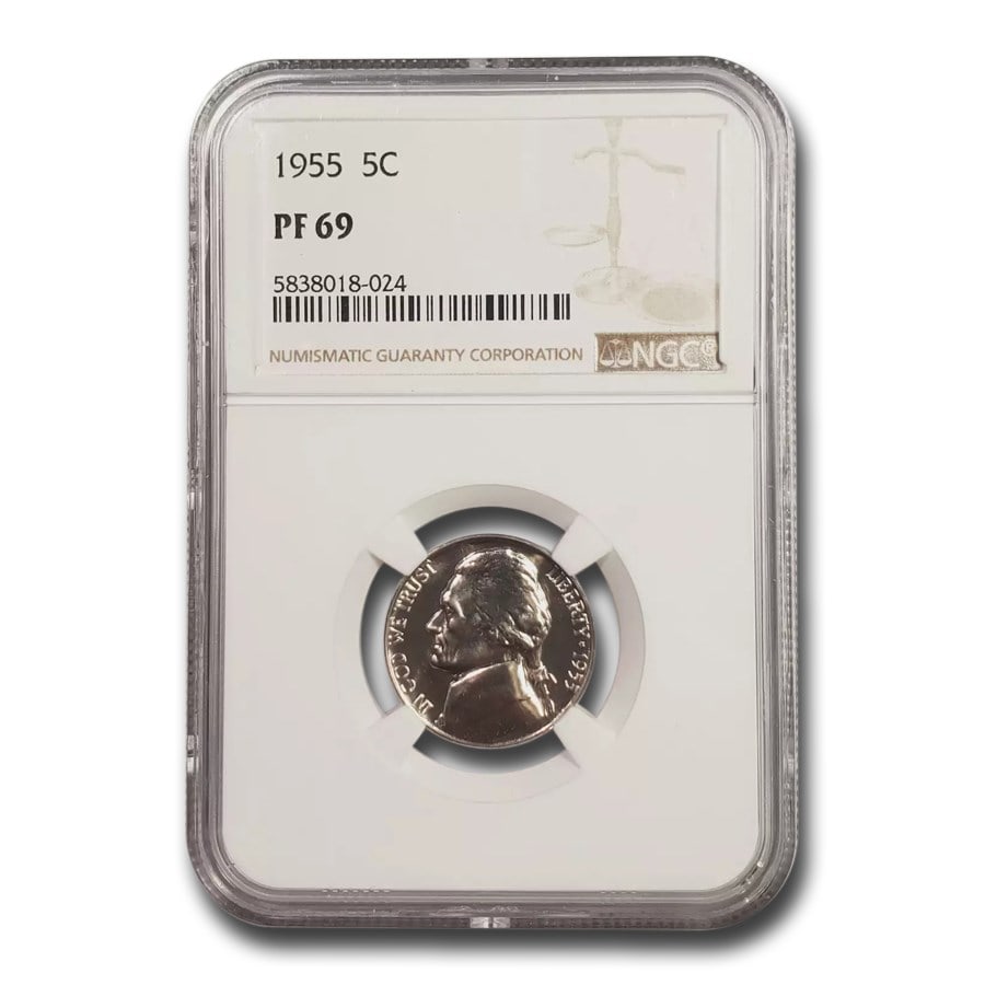 1955 Jefferson Nickel PF-69 NGC: 1955 Jefferson Nickel PF-69 NGC SKU no: RBJ197956 Year: 1955 Grade Service: NGC Denomination: 5 Cents Metal Content: 0 troy oz Purity: 0 Thickness: 1.95 mm Diameter: 21.2 mm