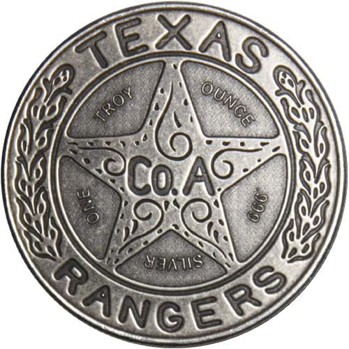 1 oz Antique Texas Ranger: 1 oz Antique Texas Ranger Wagon Wheel Badge Silver Round (New) JMB ID: 1700721 Mint Mark: Not shown Purity: .999 Manufacturer: Intaglio Mint Thickness: 3.1 mm Diameter: 39 mm Condition: N