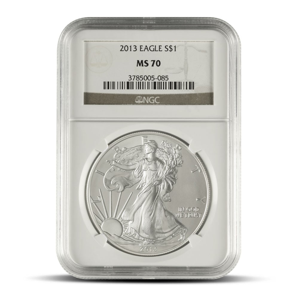 2013 1 oz American Silver: 2013 1 oz American Silver Eagle Coin NGC MS70 JMB ID: 5461993 Year: 2013 Grade: MS70 Grade Service: NGC Mint Mark: Not Shown Purity: .999 Manufacturer: US Mint Thickness: 2.98 mm