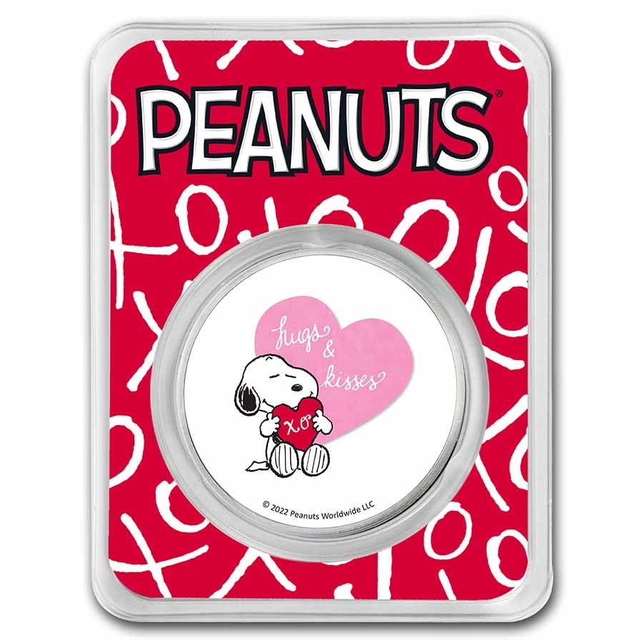 Peanuts Snoopy Hearts Valentine's Day: Peanuts Snoopy Hearts Valentine's Day 1 oz Colorized Silver SKU no: RBJ242143 Year: N/A Grade: None Grade Service: Other Mint Mark: N/A - Not Available Metal Content: 1 troy oz Purity: .9