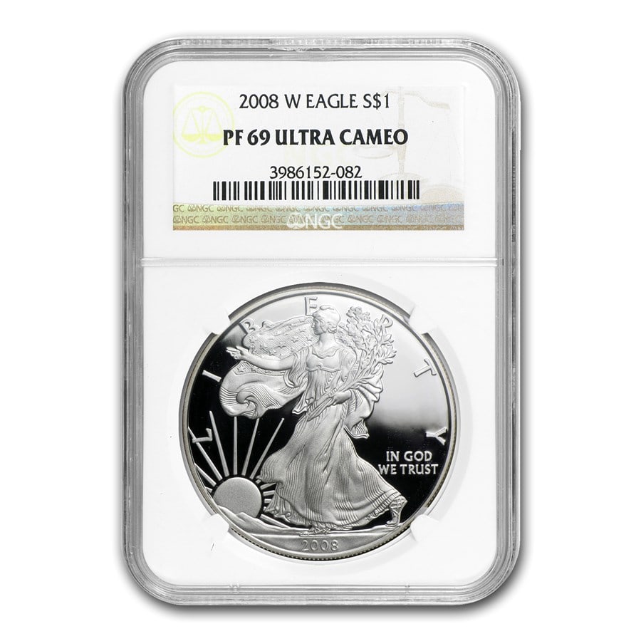 2008-W Proof American Silver Eagle: 2008-W Proof American Silver Eagle PF-69 NGC SKU no: RBJ37300 Year: 2008 Grade Service: NGC Denomination: $1.00 Metal Content: 1 troy oz Purity: .999 Thickness: 2.98 mm Diameter: