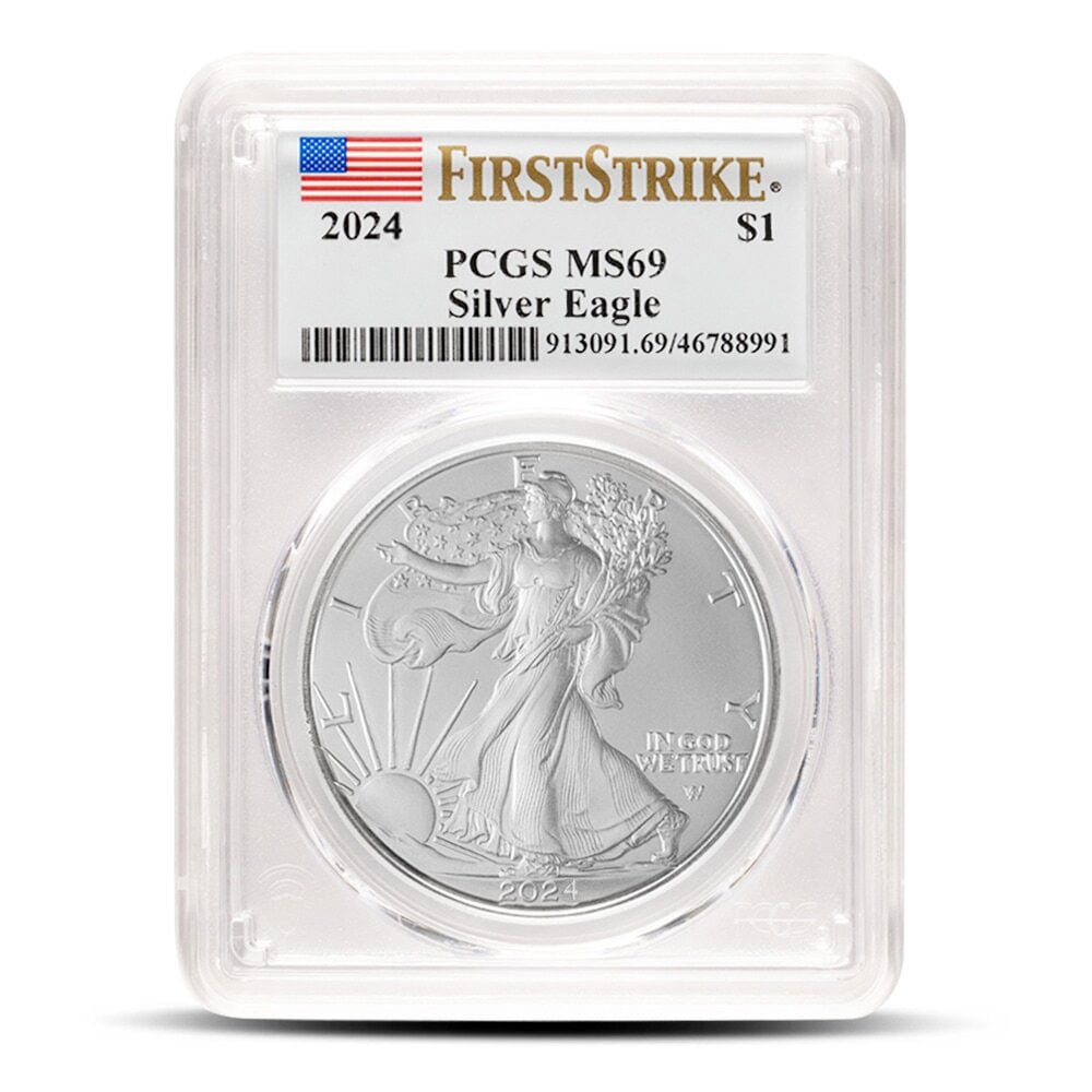 2024 1 oz American Silver: 2024 1 oz American Silver Eagle Coin PCGS MS69 FS JMB ID: 5639004 Year: 2024 Grade: MS69 FS Grade Service: PCGS Mint Mark: Not Shown Purity: .999 Manufacturer: US Mint Thickness: