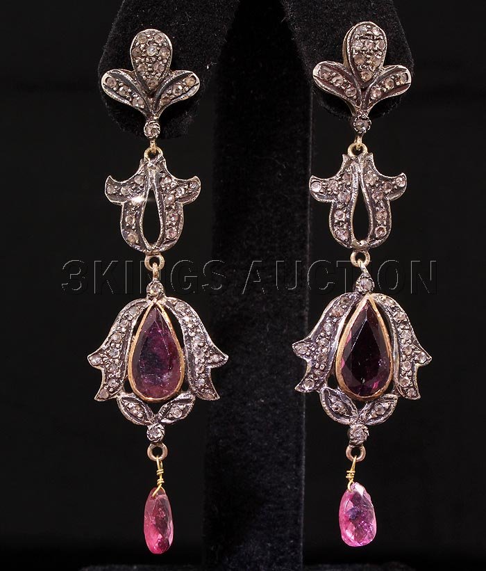 ANTIQUE 7.97GRAMS VICTORIAN JEWELRY EARRING: ANTIQUE 7.97GRAMS VICTORIAN JEWELRY EARRING **|**|** 2.52 INCHES LONG MADE OF REAL GOLD&SILVER W/ PINK TOURMALINE AND DIAMOND STONES A MASTER PIECE. ; MSRP: $5500