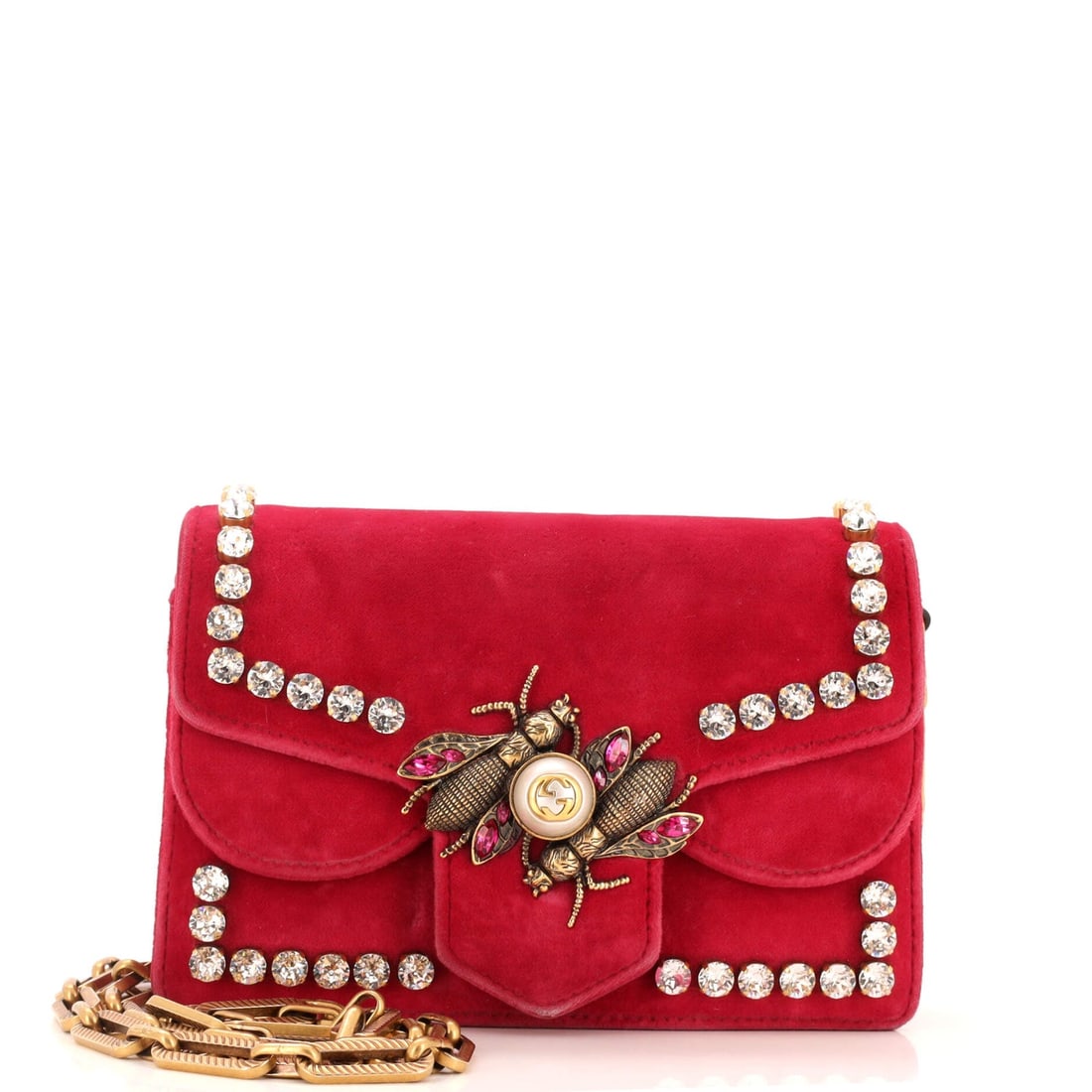 Gucci Broadway Pearly Bee Shoulder Bag Crystal Embellished Velvet Mini: Gucci Broadway Pearly Bee Shoulder Bag Crystal Embellished Velvet Mini Exterior Color: Pink Interior Color: Neutral Exterior Material: Velvet Interior Material: Leather Hardware Color: Aged Gold A