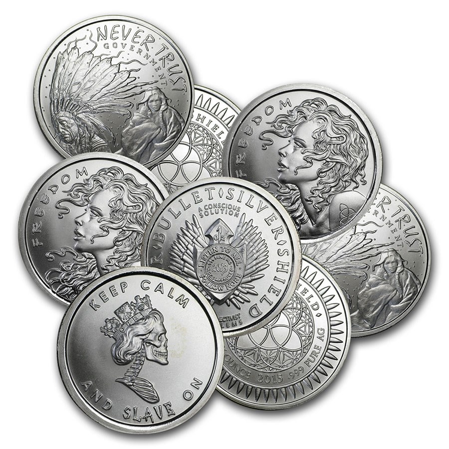 1 oz Silver Round -: 1 oz Silver Round - Silver Shield Series (Random Year & Design) SKU n: RBJ202097 Year: Random Grade: None Grade Service: None Denomination: 1 oz Mint Mark: N/A - Not Available Metal Conte
