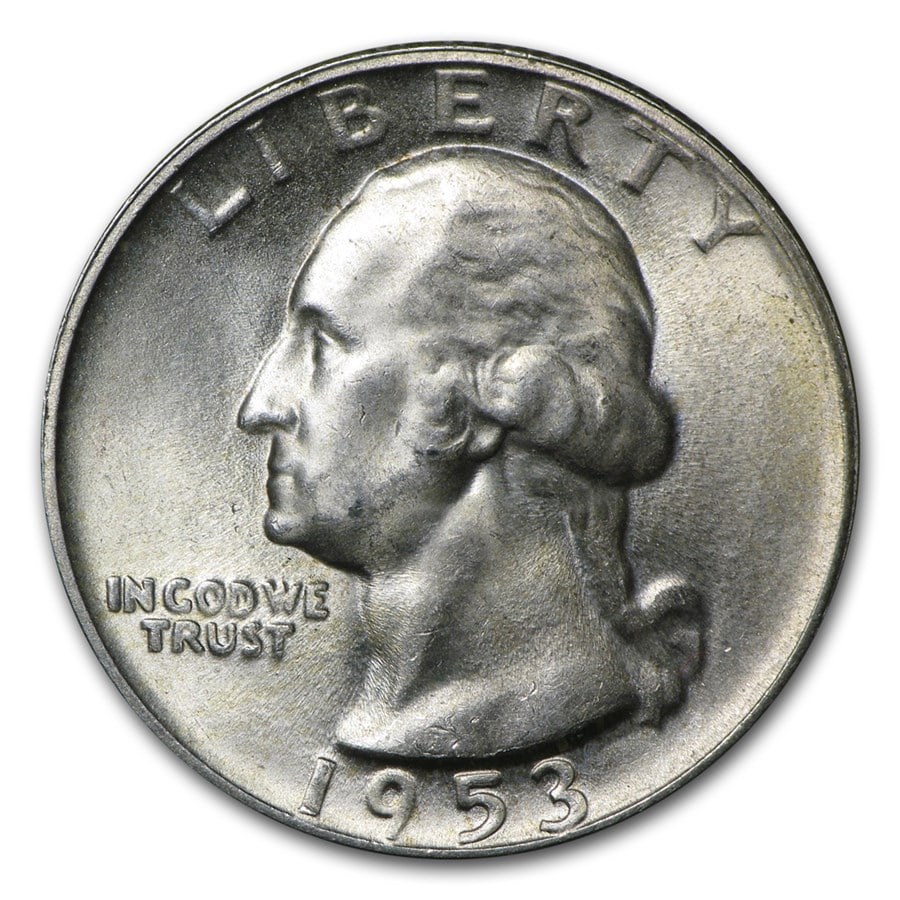 1953-S Washington Quarter BU: 1953-S Washington Quarter BU SKU n: RBJ5665 Year: 1953 Grade: Brilliant Unc Grade Service: None Denomination: 25 Cents Mint Mark: S - San Francisco Metal Content: 0.1788 troy oz