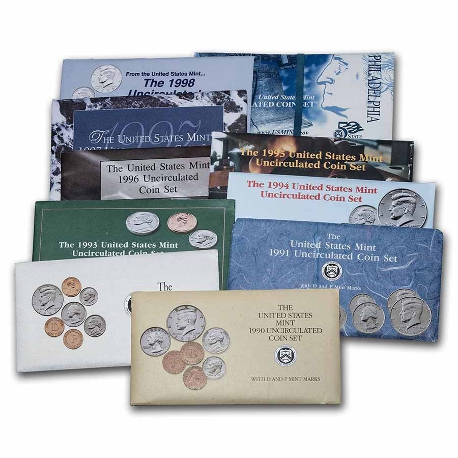 1990-1999 U.S. Mint Sets Decade: 1990-1999 U.S. Mint Sets Decade Collection SKU n: RBJ231829 Year: Varies Grade: Brilliant Unc Grade Service: None Denomination: Varies Mint Mark: Varies Metal Content: 0 troy oz
