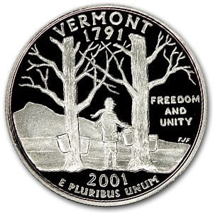 2001-S Vermont State Quarter Gem: 2001-S Vermont State Quarter Gem Proof SKU n: RBJ47071 Year: 2001 Grade: Gem Proof Grade Service: None Denomination: 25 Cents Mint Mark: S - San Francisco Metal Content: 0 troy oz