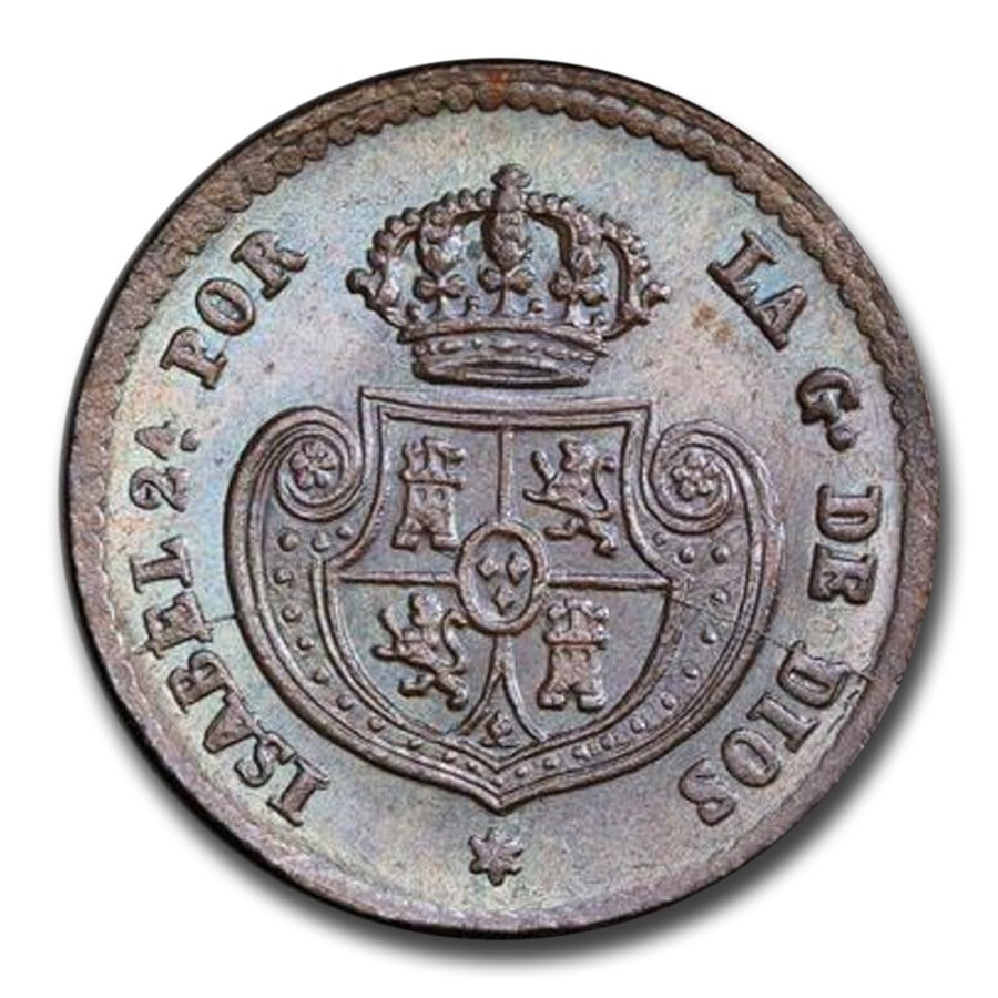 1853 Spain 1/20 Real MS-65: 1853 Spain 1/20 Real MS-65 PCGS (Brown) SKU n: RBJ296757 Year: 1853 Grade Service: PCGS Denomination: 1/20 Real Metal Content: 0 troy oz Purity: None Diameter: 11 mm