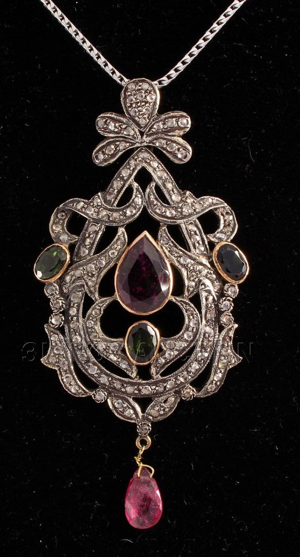 ANTIQUE 10.75GRAMS VICTORIAN JEWELRY PENDANT: ANTIQUE 10.75GRAMS VICTORIAN JEWELRY PENDANT **|**|** 2.75X1.37" MADE OF REAL GOLD & SILVER W/ PINK, GREEN TOURMALINE AND DIAMOND STONES A MASTER PIECE. ; MSRP: $7700