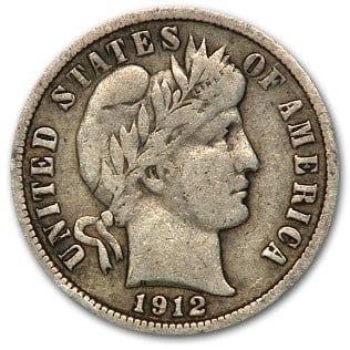 1912-D Barber Dime VF: 1912-D Barber Dime VF SKU n: RBJ16920 Year: 1912 Grade: Very Fine Grade Service: None Denomination: $0.10 Mint Mark: D - Denver Metal Content: 0.0715 troy oz Purity: .900