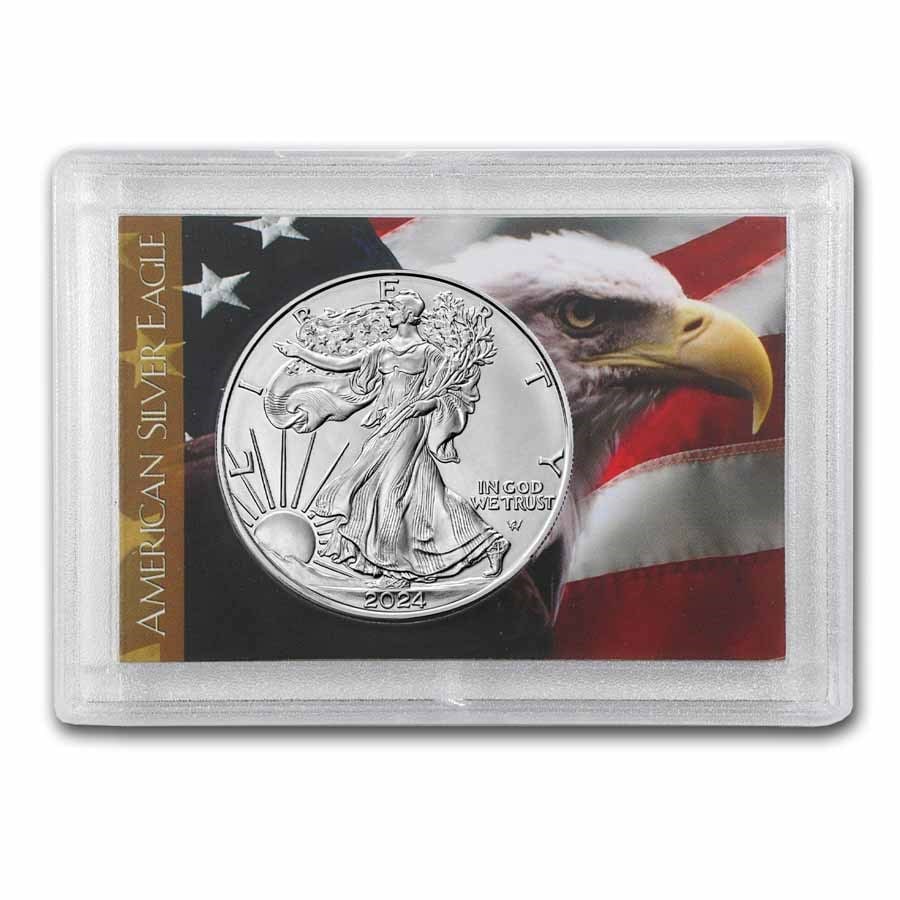 2024 1 oz Silver Eagle: 2024 1 oz Silver Eagle - w/Harris Holder, American Flag & Eagle SKU n: RBJ272067 Year: 2023 Grade: Brilliant Unc Grade Service: Other Denomination: 1 Dollar Mint Mark: W - West Point (Not Shown) <