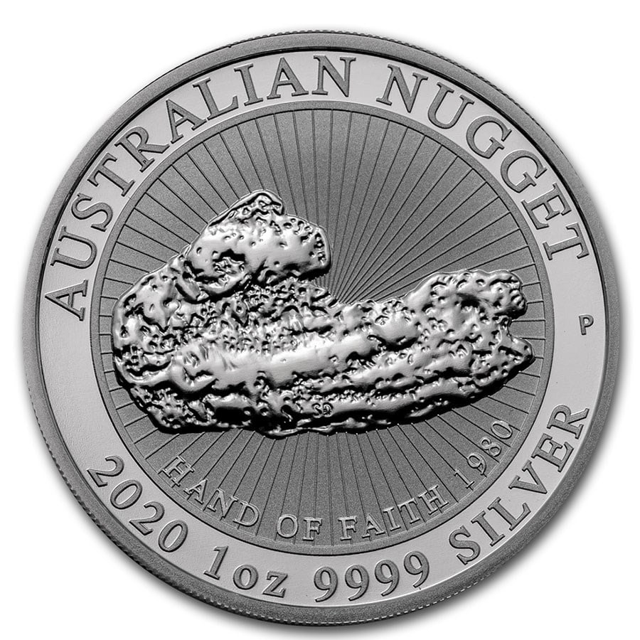 2020 Australia 1 oz Silver: 2020 Australia 1 oz Silver "Hand of Faith" Nugget BU SKU n: RBJ208121 Year: 2020 Grade: Brilliant Unc Grade Service: None Denomination: 1 Dollar Mint Mark: P - Perth Metal Content: 1 troy