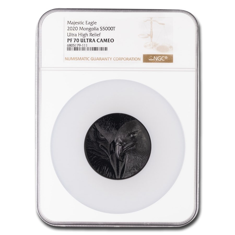 2020 Mongolia 5 oz Silver: 2020 Mongolia 5 oz Silver HR Proof Majestic Eagle PF-70 UCAM NGC SKU n: RBJ287811 Year: 2020 Grade Service: NGC Denomination: 5,000 Togrog Metal Content: 5 troy oz Purity: .999 Diameter: