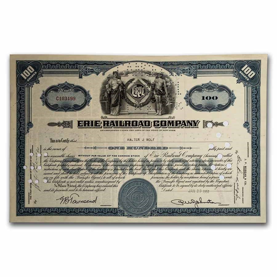 Erie Railroad Company Stock Certificate: Erie Railroad Company Stock Certificate (Blue) SKU n: RBJ238413 Year: 1950-60s Grade: None Grade Service: None Denomination: N/A Mint Mark: N/A - Not Available Metal Content: 0 troy oz