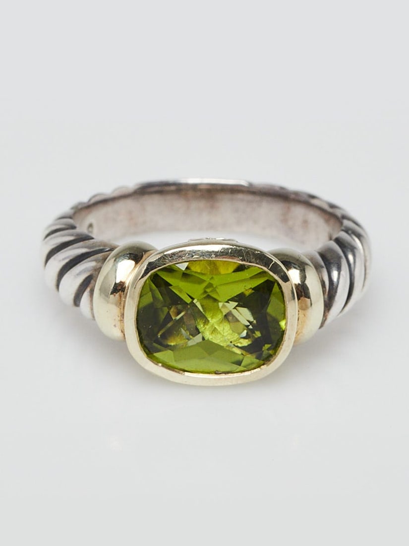 David Yurman Sterling Silver Cable and Peridot Noblesse Ring Size 8: David Yurman Sterling Silver Cable and Peridot Noblesse Ring Size 8 Overall Condition: Gently used Designer: David Yurman Material: 925 Sterling Silver with 14k gold and Peridot Size: 8 Includes: None