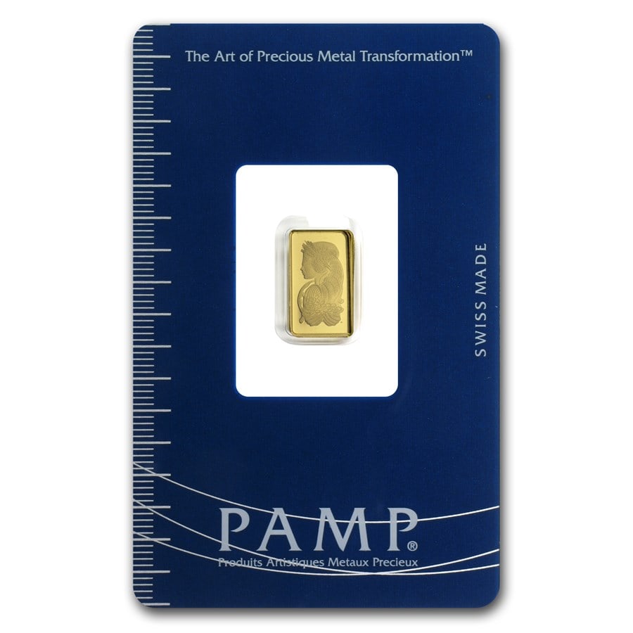 1 gram Gold Bar -: 1 gram Gold Bar - PAMP Suisse Lady Fortuna (Vintage, In Assay) SKU no: RBJ19041 Year: N/A Grade Service: Assay Card Mint Mark: N/A - Not Available Metal Content: 0.0322 troy oz Purity: .9999 <