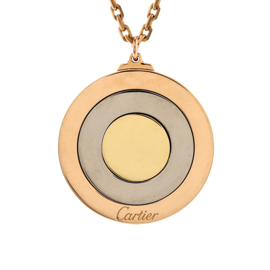 Cartier Trinity Movable Disc Pendant: Cartier Trinity Movable Disc Pendant Necklace 18K Tricolor Gold Metal Type: 18K Tri Colored Gold Metal Finish: High Polish Hallmarks Type: 750, Designer Signature, Maker's Mark, Serial Number Signatur