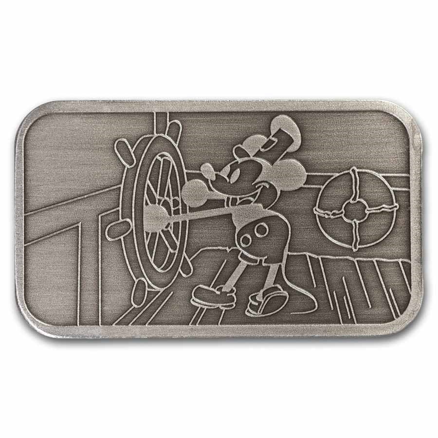 1 oz Silver Bar -: 1 oz Silver Bar - Steamboat Willie (Antiqued) SKU no: RBJ294372 Grade: None Grade Service: None Mint Mark: Not Shown Metal Content: 1 troy oz Purity: .999 Thickness: 2.98 mm Diam