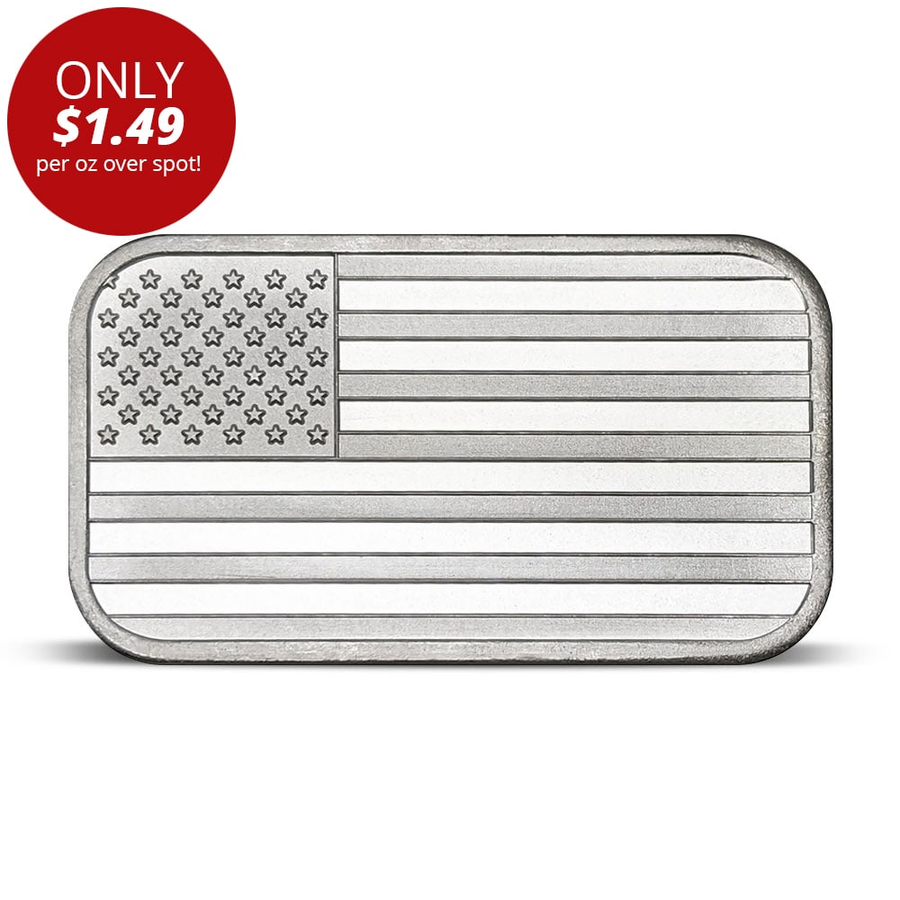 1 oz SilverTowne American Flag: 1 oz SilverTowne American Flag Silver Bar (New) SKU no: RBJ2171076 Mint Mark: Not Shown Purity: .999 Manufacturer: SilverTowne Condition: New Edge Design: Smooth Series: SilverTowne Bars