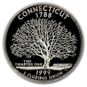 1999-S Connecticut State Quarter Gem: 1999-S Connecticut State Quarter Gem Proof SKU no: RBJ47059 Year: 1999 Grade: Gem Proof Grade Service: None Denomination: 25 Cents Mint Mark: S - San Francisco Metal Content: 0 troy oz