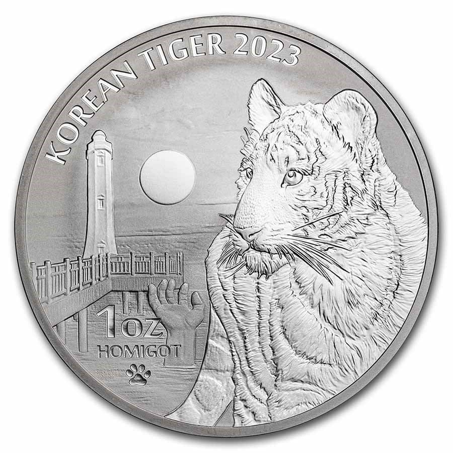2023 South Korea 1 oz: 2023 South Korea 1 oz Silver Tiger BU SKU no: RBJ282765 Year: 2023 Grade: None Grade Service: None Mint Mark: Not Shown Metal Content: 1 troy oz Purity: .999 Diameter: 40 mm
