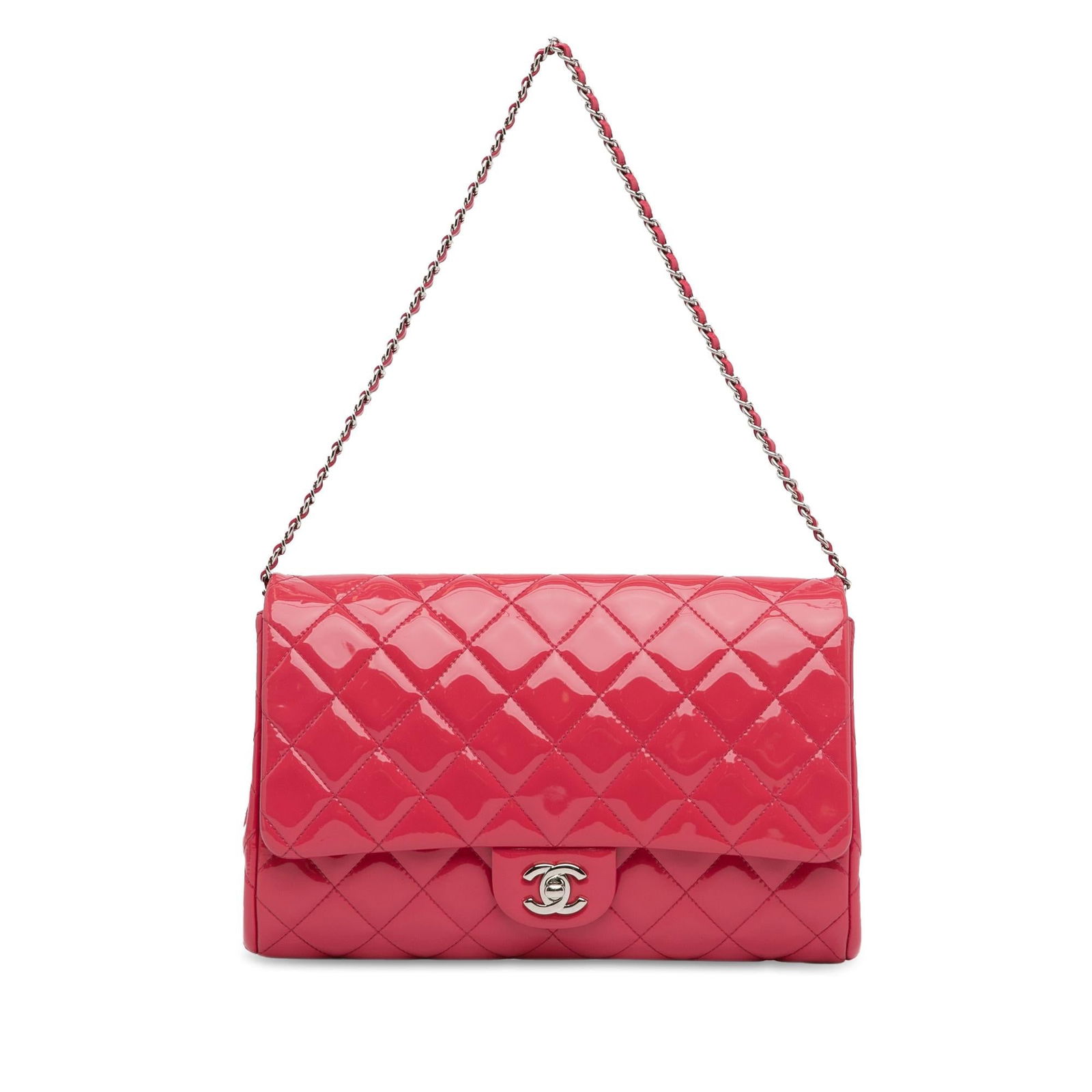 Chanel CC Quilted Patent Clutch: Chanel CC Quilted Patent Clutch with Chain Condition Quality: Exterior Front stained with Other. Exterior Back Scratched. Exterior Back stained with Other. Exterior Bottom stained with Other. Exterior