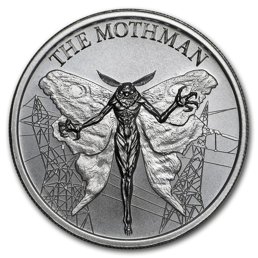 2 oz Silver High Relief: 2 oz Silver High Relief Round - The Mothman SKU no: RBJ181859 Grade: None Grade Service: None Mint Mark: N/A - Not Available Metal Content: 2 troy oz Purity: .999 Thickness: 6 mm