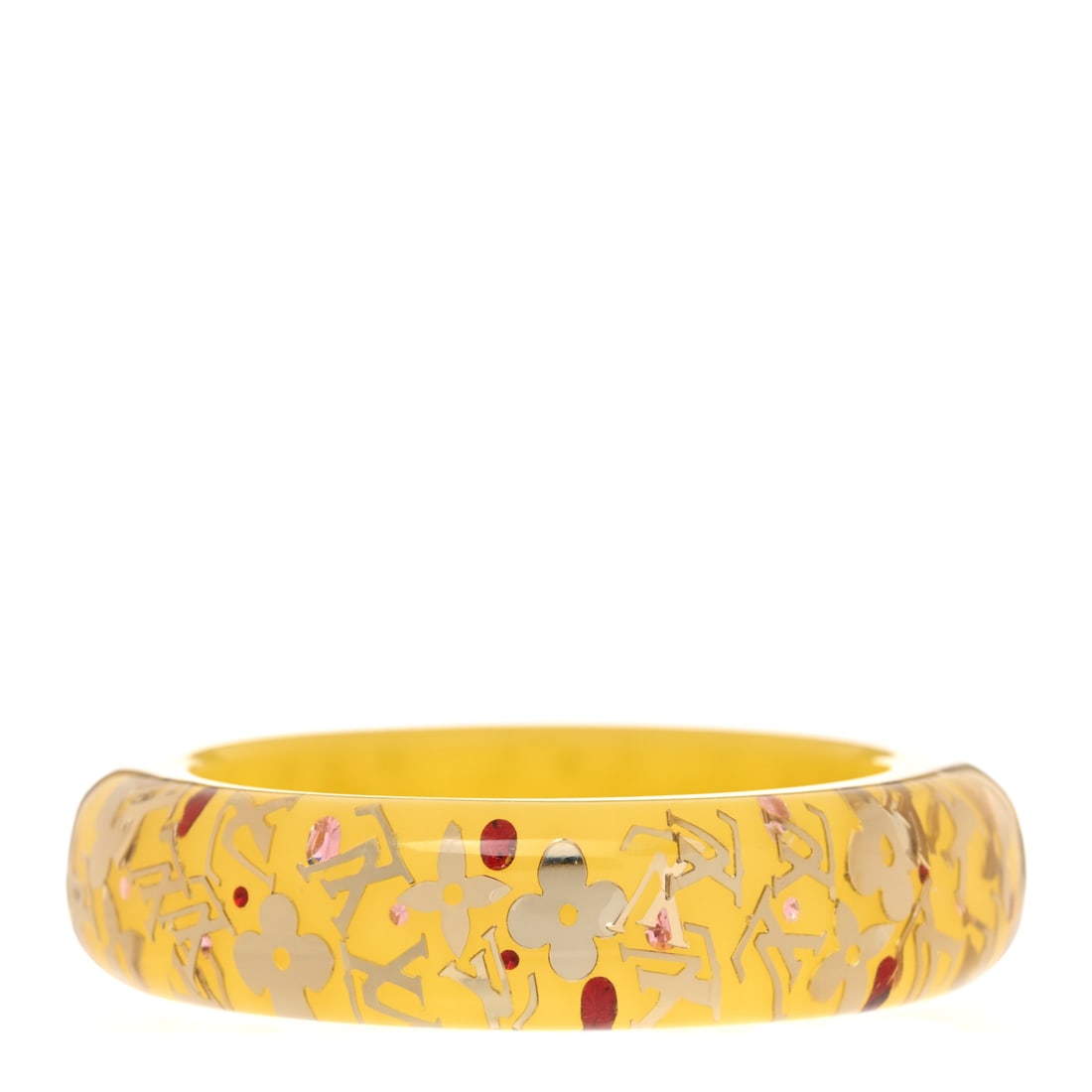 Resin Swarovski Medium Inclusion Bracelet: Louis Vuitton Resin Swarovski Medium Inclusion Bracelet GM Yellow SKU no: RBJ1427695 Condition: Very Good Condition Details: Exterior: Cracks, Hardware: Scratch(es) Width: 0.75 in Circumference: 8 in 