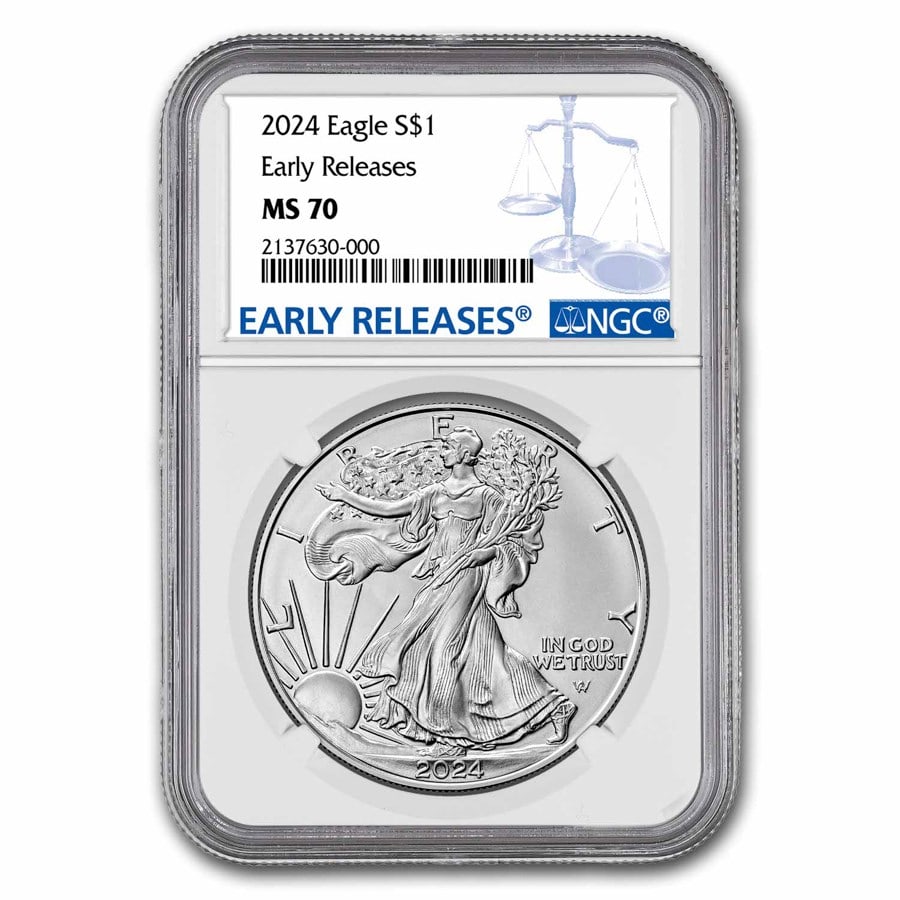 2024 American Silver Eagle MS-70: 2024 American Silver Eagle MS-70 NGC (Early Releases) SKU no: RBJ284481 Year: 2024 Grade: MS-70 Grade Service: NGC Denomination: 1 Dollar Mint Mark: Not Shown Metal Content: 1 troy oz