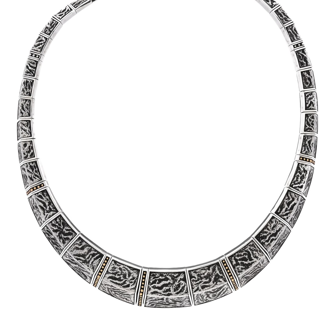 Sterling Silver 18K Yellow Gold: John Hardy Sterling Silver 18K Yellow Gold Jawan Reticulated Bib Necklace Brand: JOHN HARDY Condition: Shows Wear Condition Details: Hardware: Scratch(es), tarnished, Due to grading limitations impose