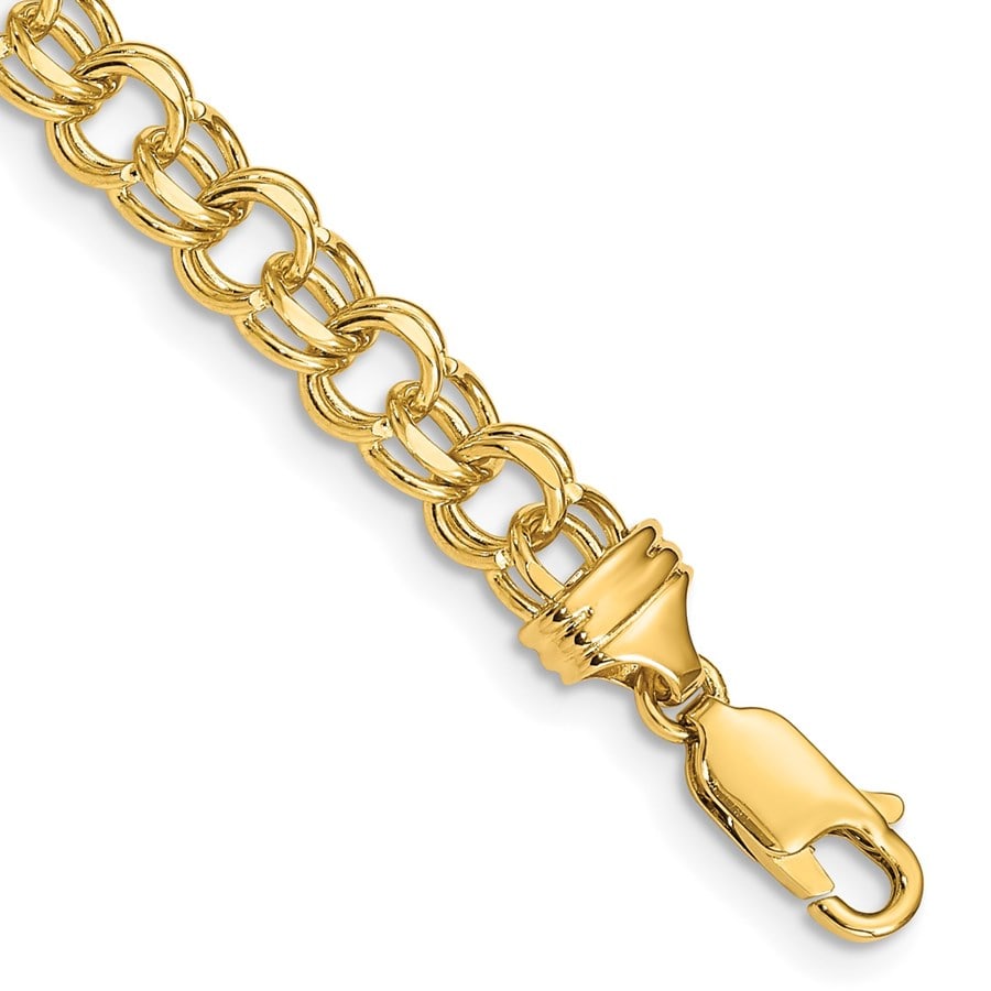 10K Yellow Gold 7in 5.5mm: 10K Yellow Gold 7in 5.5mm Solid Charm Bracelet - 7 mm SKU no: RBJ264516 Metal: Gold Purity: 10K Length Of Item: 7 in Chain Length: 7 in Chain Width: 5.5 mm Clasp/Connector: Lobster