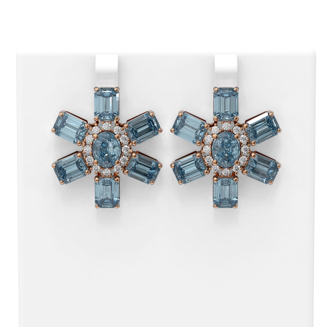 31.19 ctw Blue Topaz & Diamond Earrings 18K Rose Gold: 31.19 ctw Blue Topaz & Diamond Earrings 18K Rose Gold Item: Topaz Blue Stud Total Gem weight: 31.19 carats Metal: Solid 18K Rose Gold Gold Product Weight: Approx. 17.2 grams Jewelry Note: Stu