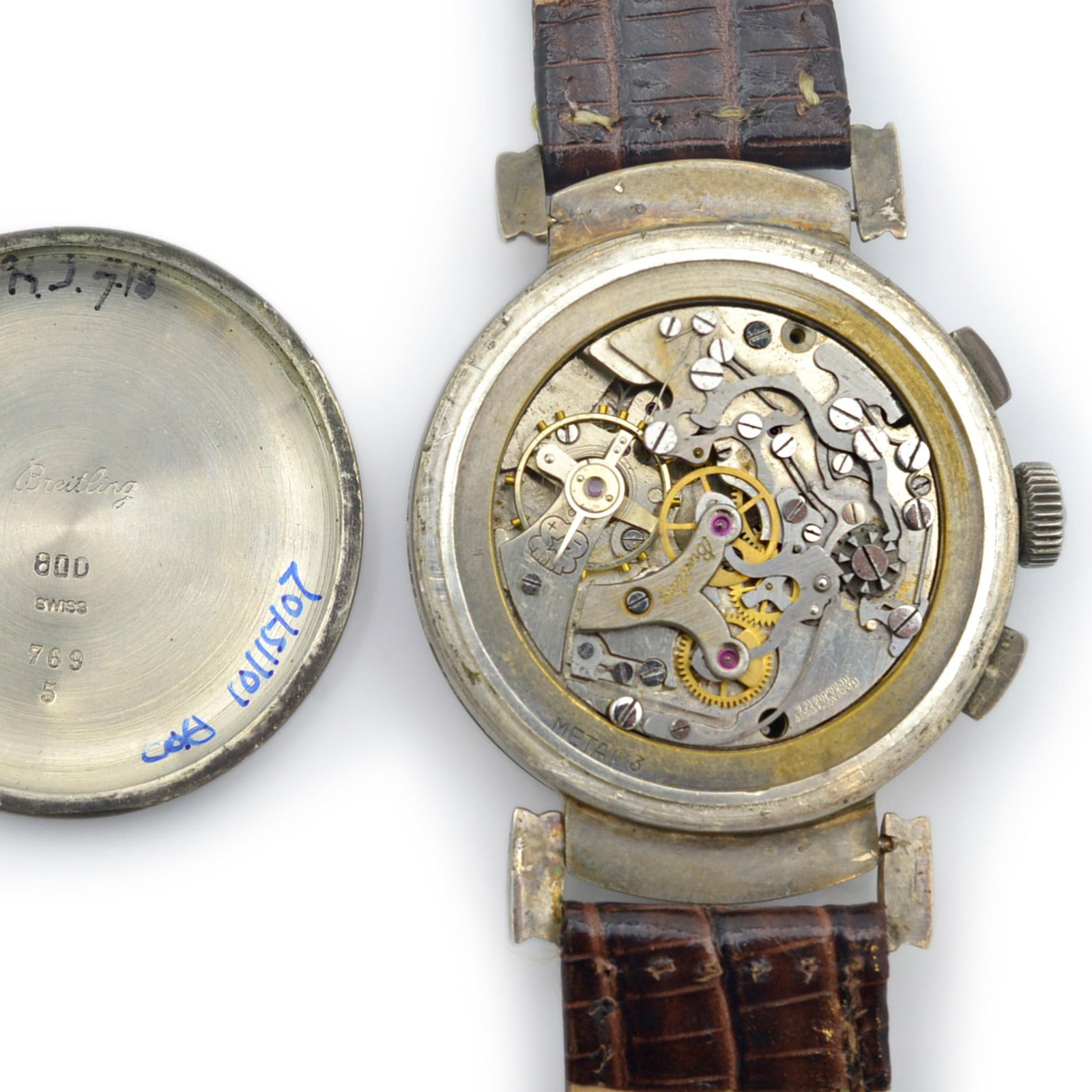 Vintage Circa 1930s Breitling Mobile: Vintage Circa 1930s Breitling Mobile Lug Chronograph 38MM Silver Watch Brand: Breitling Case Material: Silver Weight: 55.96 g Strap Material: Silver Case Shape: Round Movement: Manual Wind <br