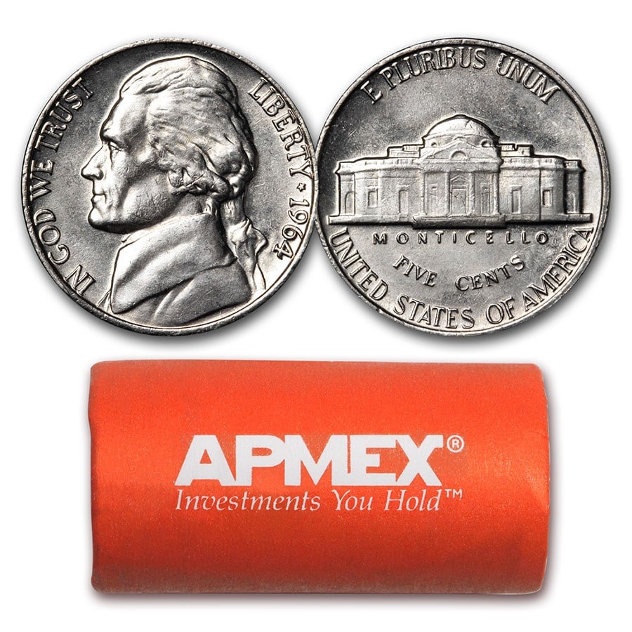 1964 Jefferson Nickel 40-Coin Roll: 1964 Jefferson Nickel 40-Coin Roll BU SKU no: RBJ17552 Year: 1964 Grade: Brilliant Unc Grade Service: None Denomination: 5 Cents Mint Mark: P - Philadelphia (Not Shown) Metal Content: 0 t