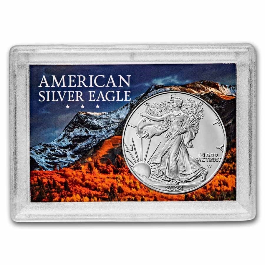 2024 1 oz Silver Eagle: 2024 1 oz Silver Eagle - w/Harris Holder, Rocky Mountain Design SKU no: RBJ272172 Year: 2023 Grade: Brilliant Unc Grade Service: Other Denomination: 1 Dollar Mint Mark: W - West Point (Not Shown)