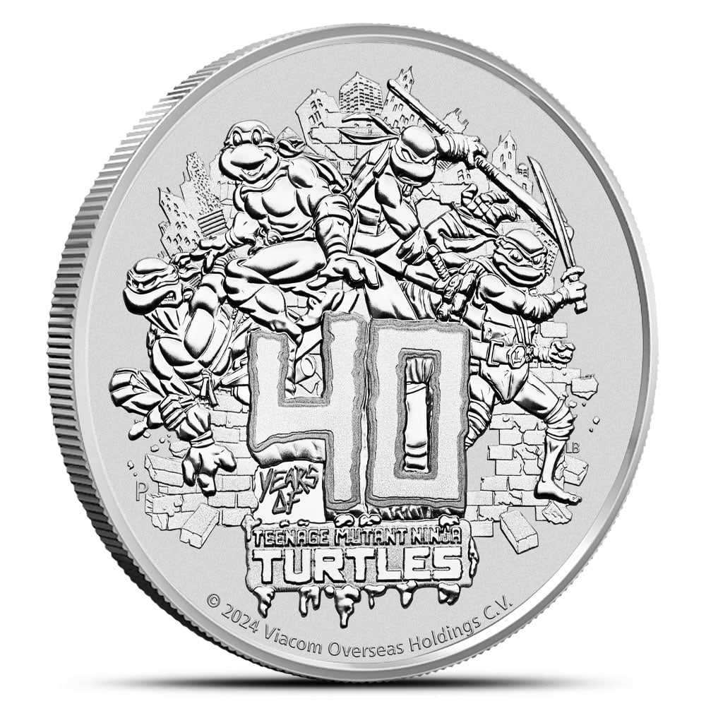 2024 1 oz Tuvalu Silver: 2024 1 oz Tuvalu Silver 40th Anniversary Teenage Mutant Ninja Turtles Coin (BU) SKU no: RBJ5898223 Year: 2024 Mint Mark: P - Perth Mint Purity: 0.9999 Manufacturer: Perth Mint Thickness: 3.5 mm <b