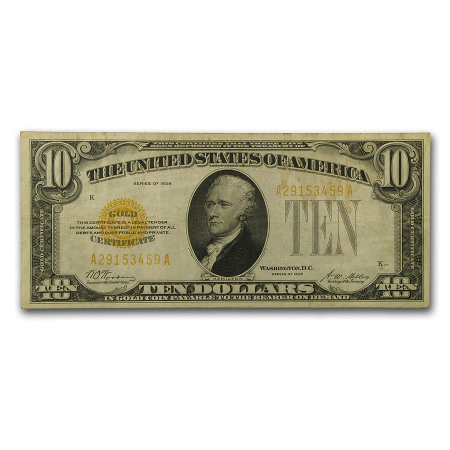 1928 $10 Gold Certificate VF: 1928 $10 Gold Certificate VF (Fr#2400) SKU no: RBJ17595 Year: 1928 Grade: Very Fine Grade Service: None Denomination: $10 Mint Mark: N/A - Not Available Metal Content: 0 troy oz