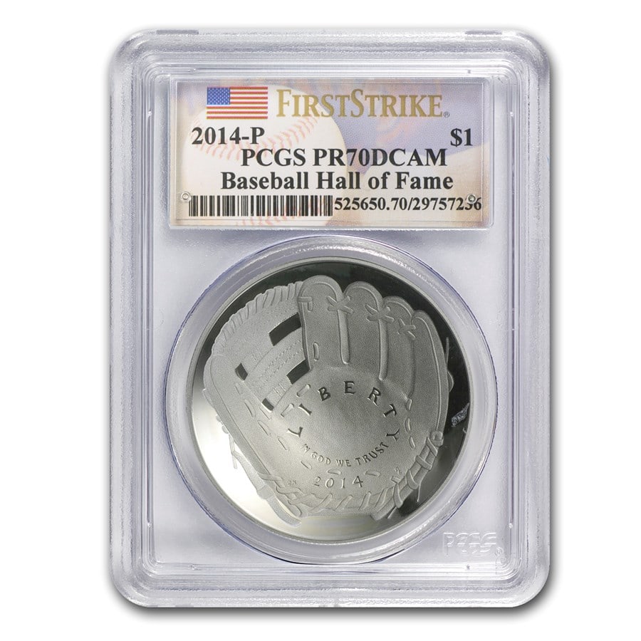 2014-P Baseball HOF $1 Silver: 2014-P Baseball HOF $1 Silver Commem PR-70 PCGS (FS) SKU no: RBJ83667 Year: 2014 Grade Service: PCGS Denomination: 1 Dollar Metal Content: 0.7734 troy oz Purity: .900 Thickness: 3.1 mm <b