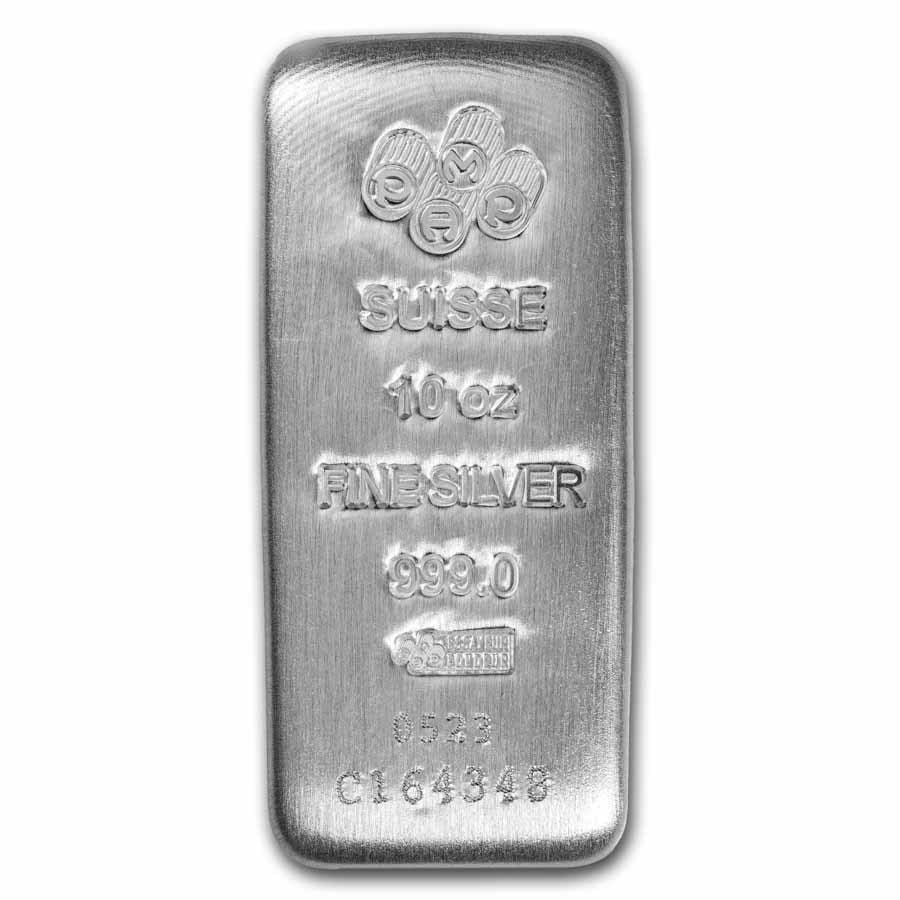 10 oz Silver Bar -: 10 oz Silver Bar - PAMP (Serialized) SKU no: RBJ233637 Grade: None Grade Service: Assay Card Mint Mark: N/A - Not Available Metal Content: 10 troy oz Purity: .999 Thickness: 9.8 mm <b