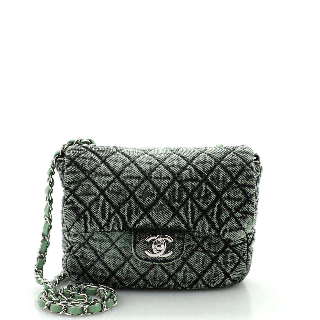 Chanel Denimpression Flap Bag Quilted: Chanel Denimpression Flap Bag Quilted Distressed Denim Small Exterior Color: Green Interior Color: Green Exterior Material: Denim Interior Material: Denim Hardware Color: Silver Accessories: Authe